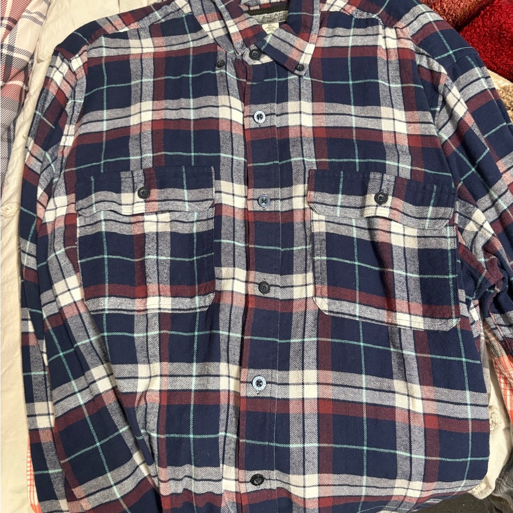 Men's Plaid Button-Down Shirt - Navy, Red, and White